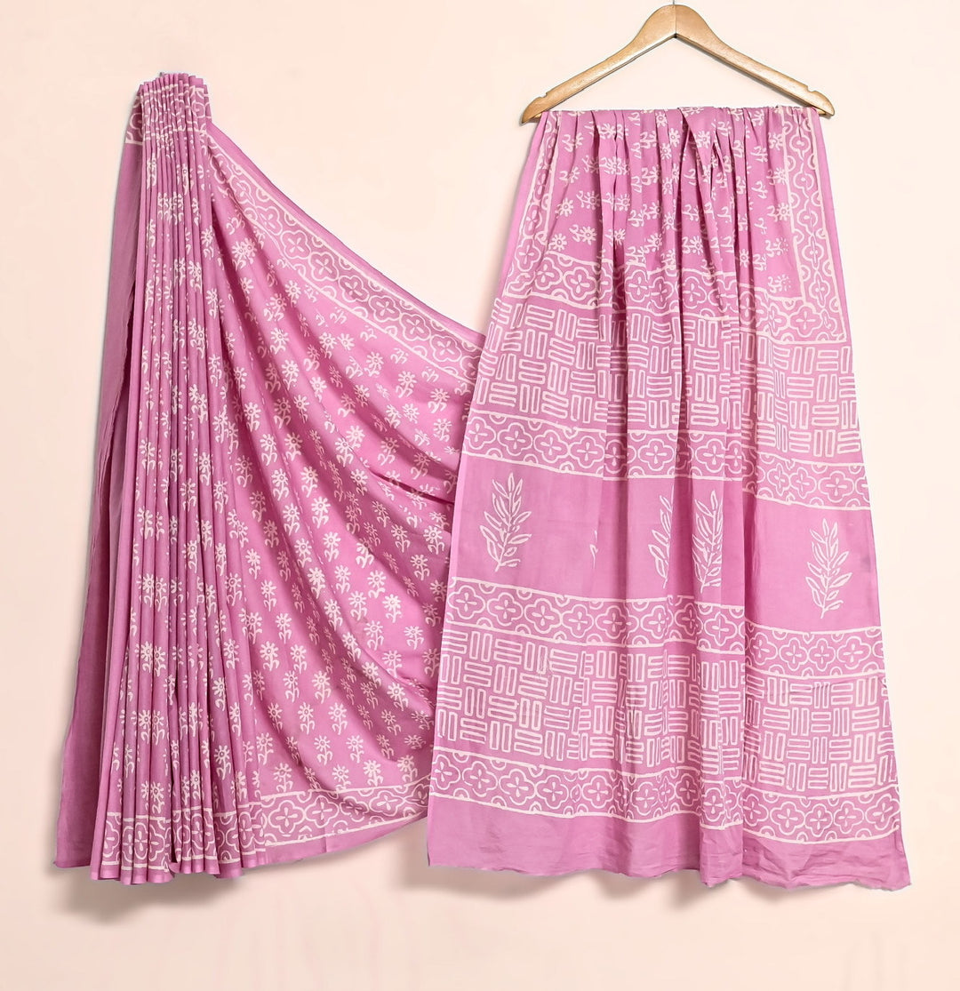 Soft Pink Handblock Printed Mulmul Cotton Saree - Floral Butti Design