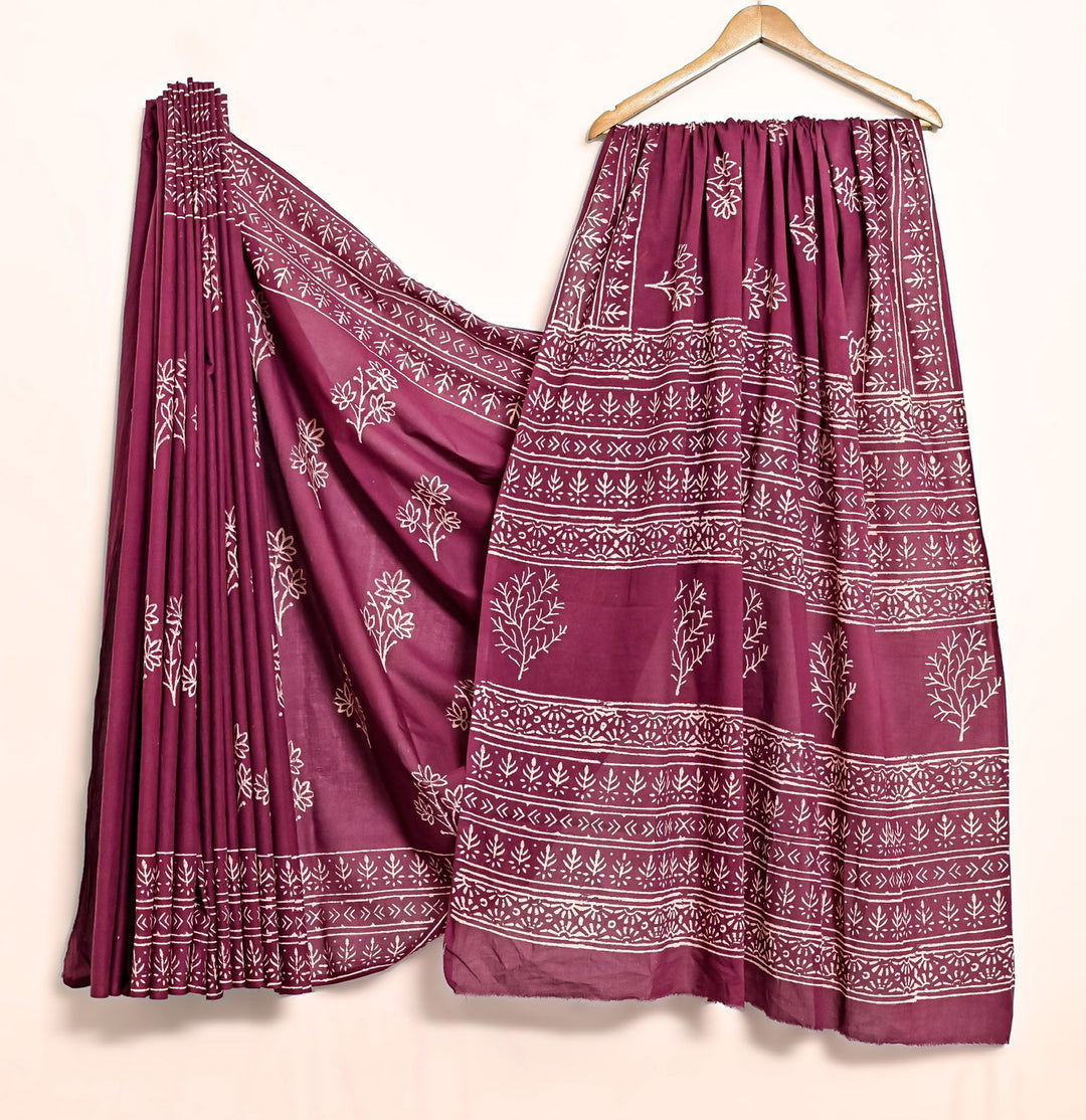 Deep Wine Handblock Printed Cotton Saree - Traditional Tree Motifs