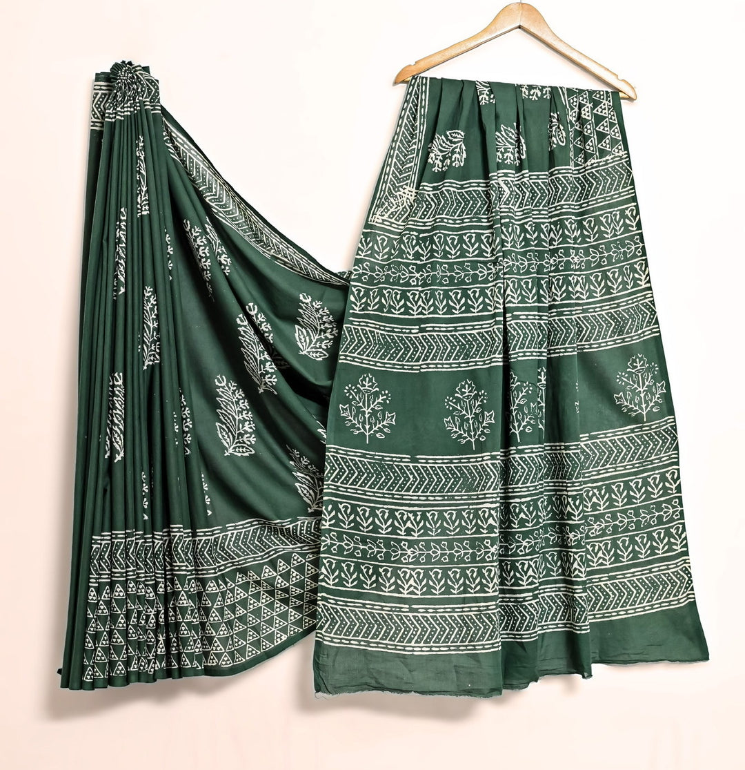 Forest Green Handblock Printed Cotton Saree - Botanical Jaal Print