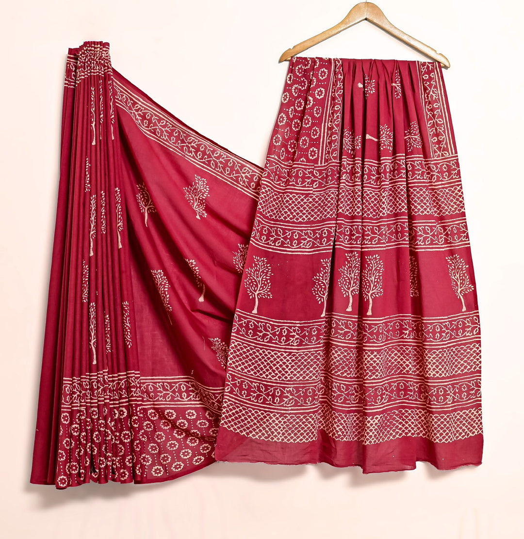 Classic Maroon Handblock Printed Cotton Saree - Ethnic Tree & Mesh Design