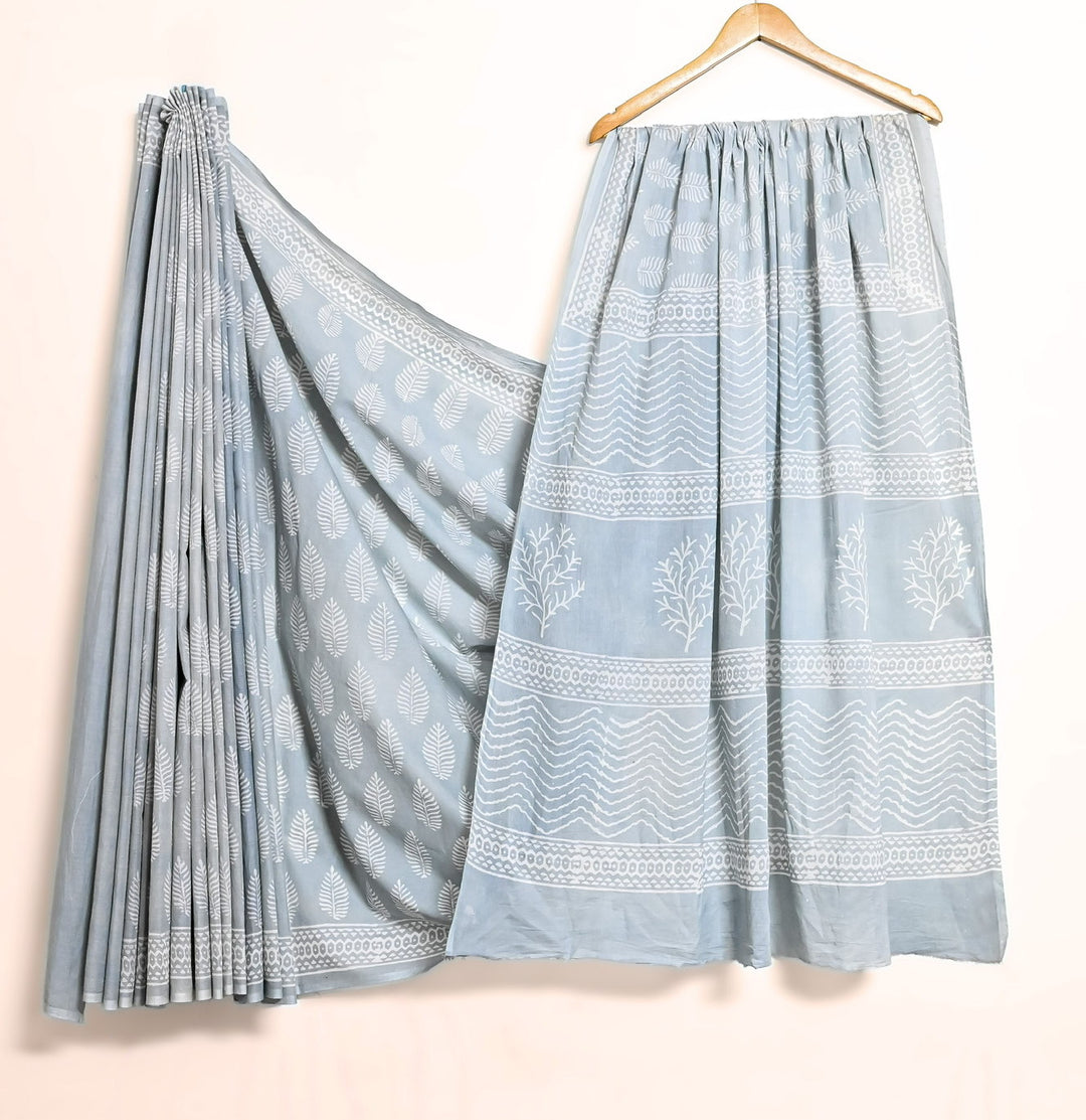 Pastel Grey-Blue Handblock Printed Cotton Saree - Subtle Leaf Pattern
