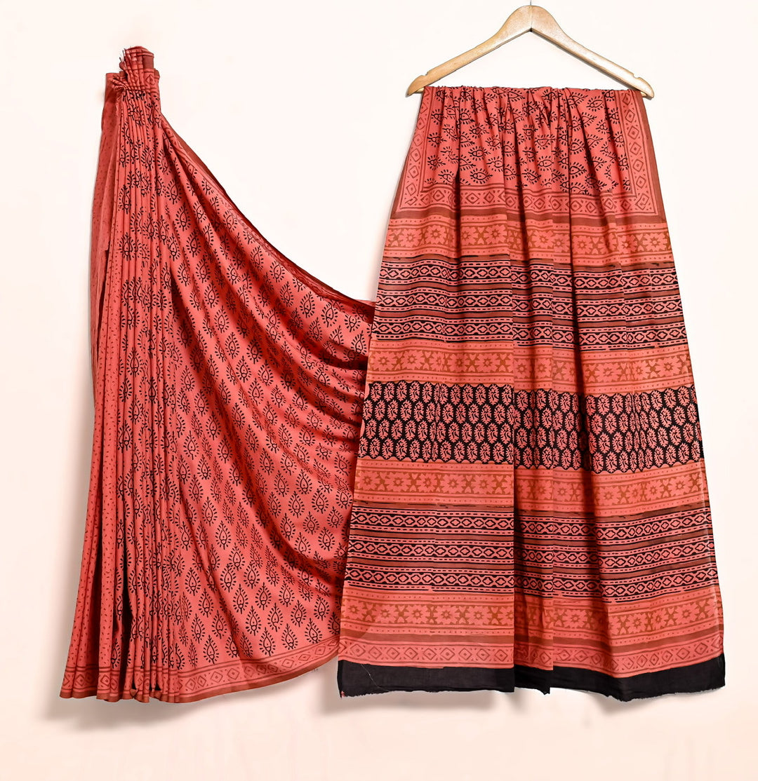Rust Orange Handblock Printed Cotton Saree - Intricate Bootee Design
