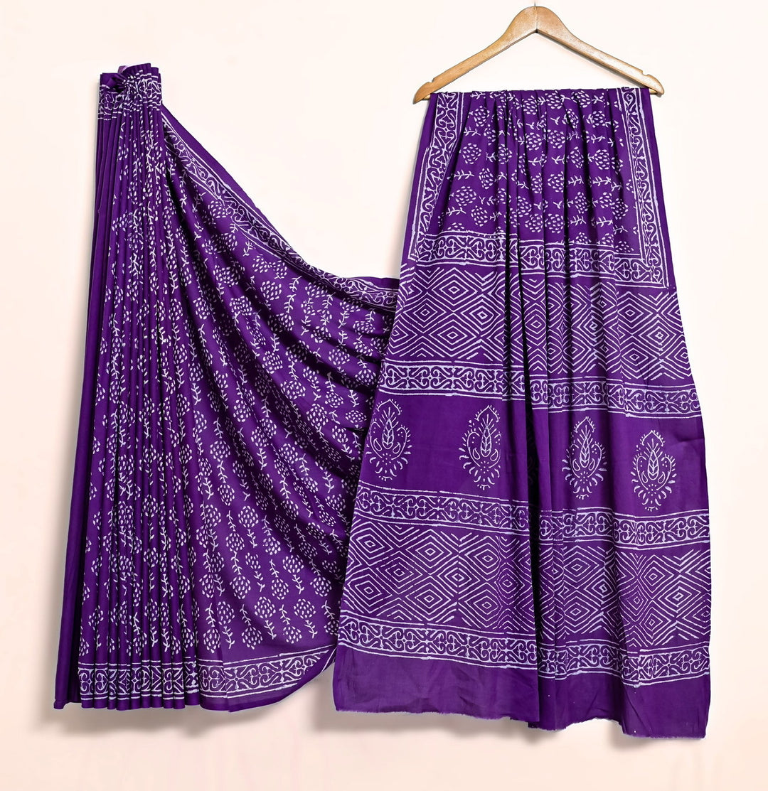 Indigo Purple Handblock Cotton Saree - Diamond & Paisley Prints