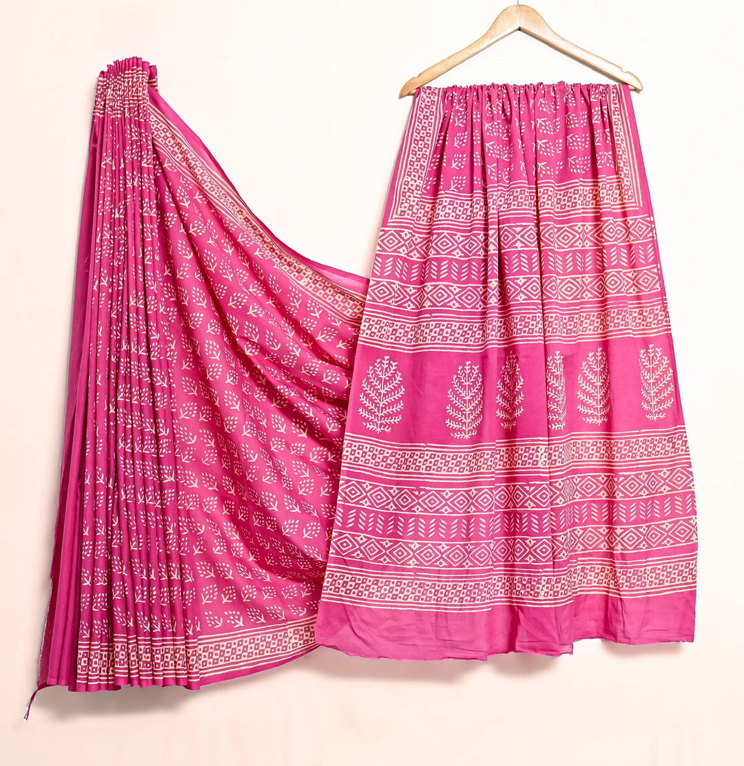 Bright Magenta Handblock Printed Cotton Saree - Chevron & Floral Mix