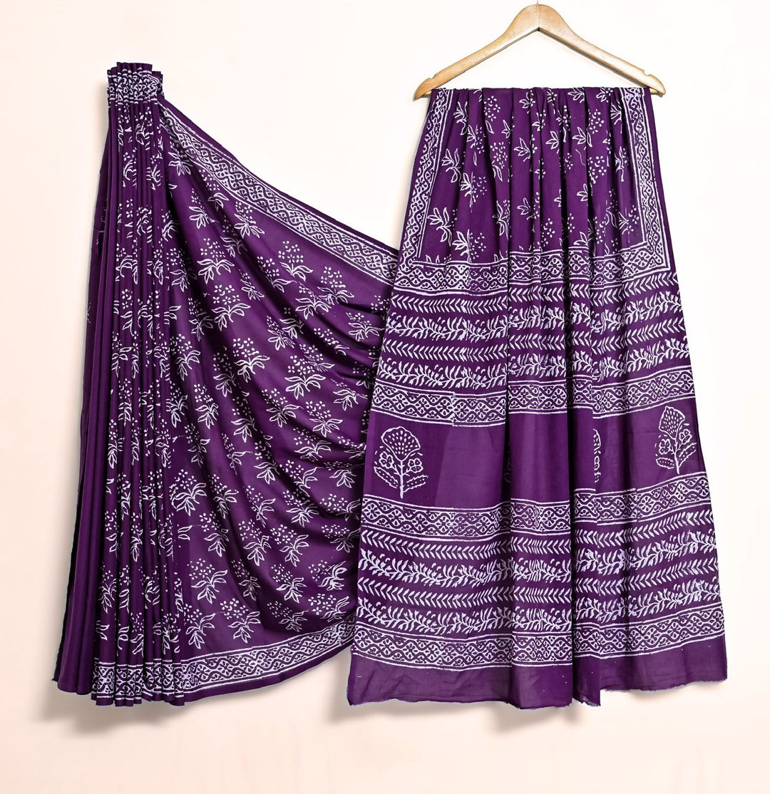 Dark Violet Handblock Printed Cotton Saree - Traditional Vine Motifs