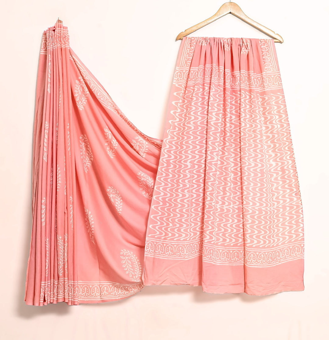 Pastel Peach Handblock Printed Mulmul Saree - Wave & Paisley Design