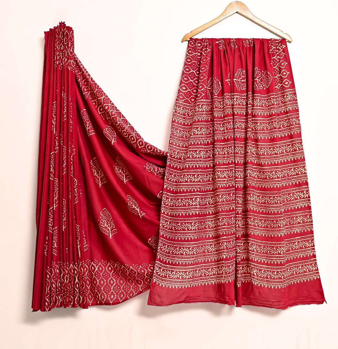 Crimson Red Handblock Cotton Saree - Intricate Ethnic Border & Butti