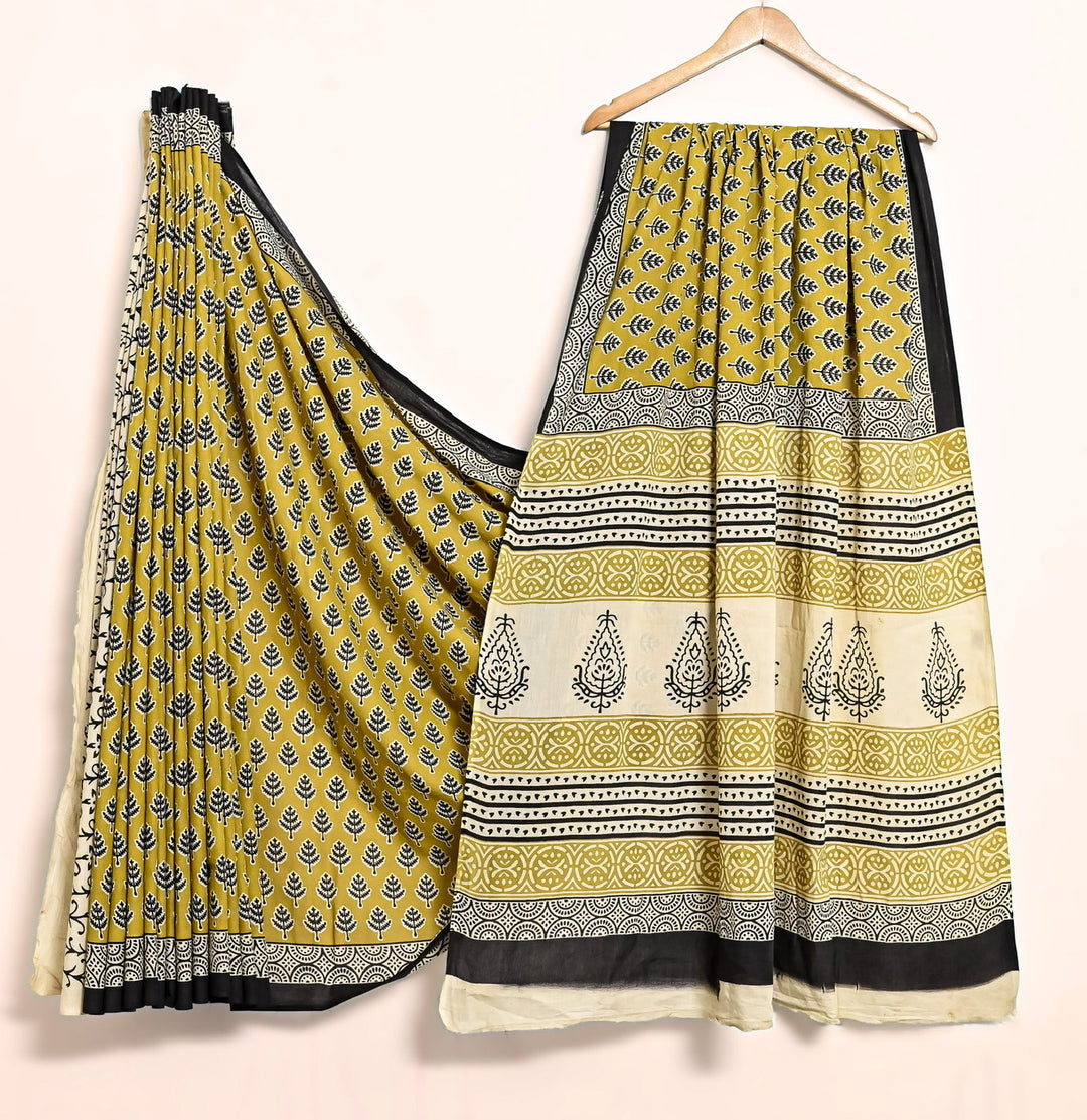 Mustard Yellow & Black Handblock Saree - Traditional Boota Print