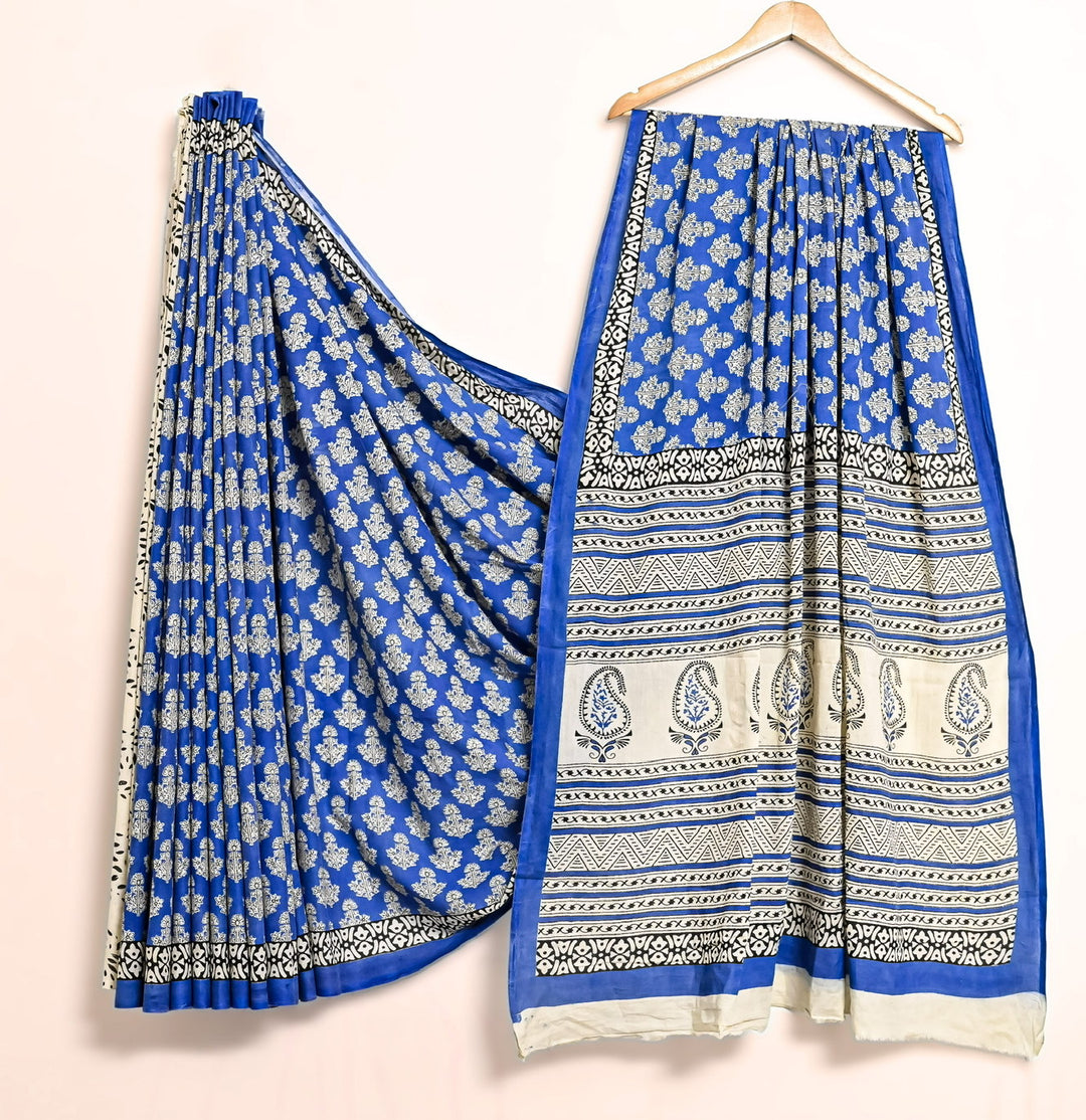 Cobalt Blue Handblock Printed Cotton Saree - Floral Jaal & Paisley Pallu