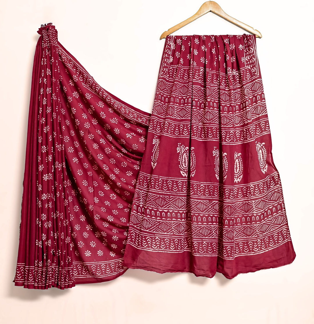 Maroon Heritage Handblock Cotton Saree - Geometric & Floral Fusion