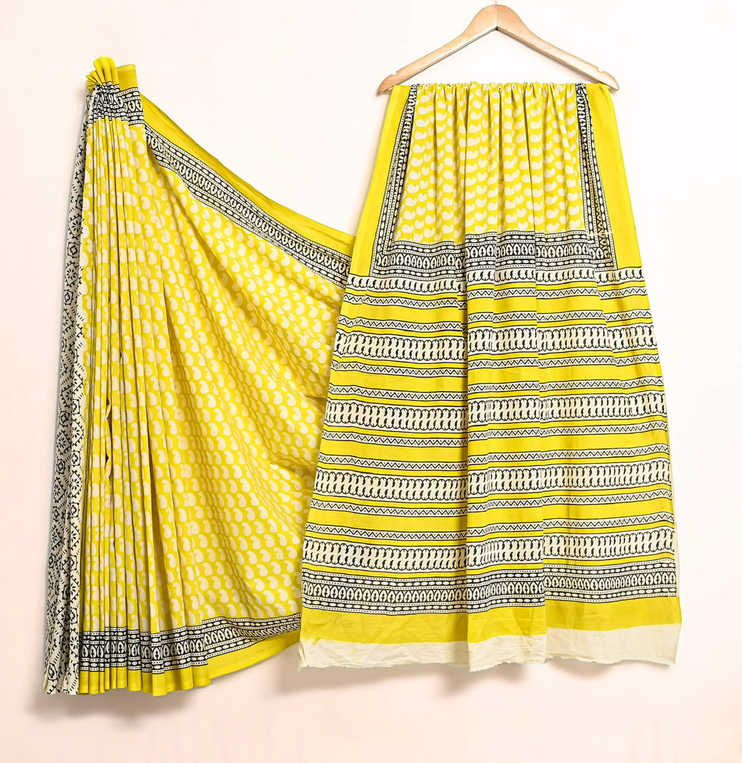 Lemon Yellow Handblock Saree - Fresh Leafy Prints with Black Border