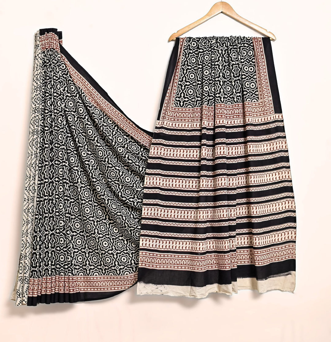 Black & White Handblock Printed Cotton Saree - Bold Geometric Mandala