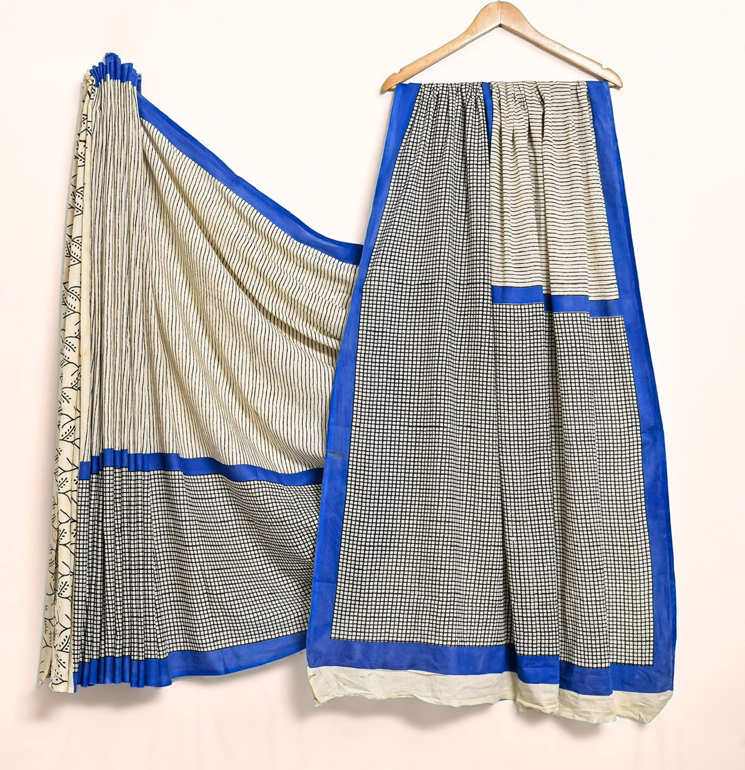 Off-White & Blue Handblock Saree - Modern Grid Pattern & Blue Border