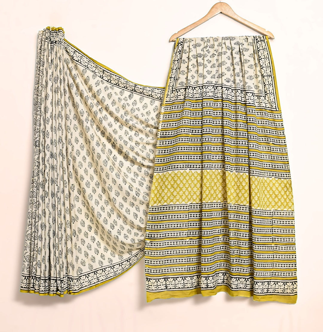 Olive Green Handblock Printed Saree - Delicate Floral & Stripe Mix