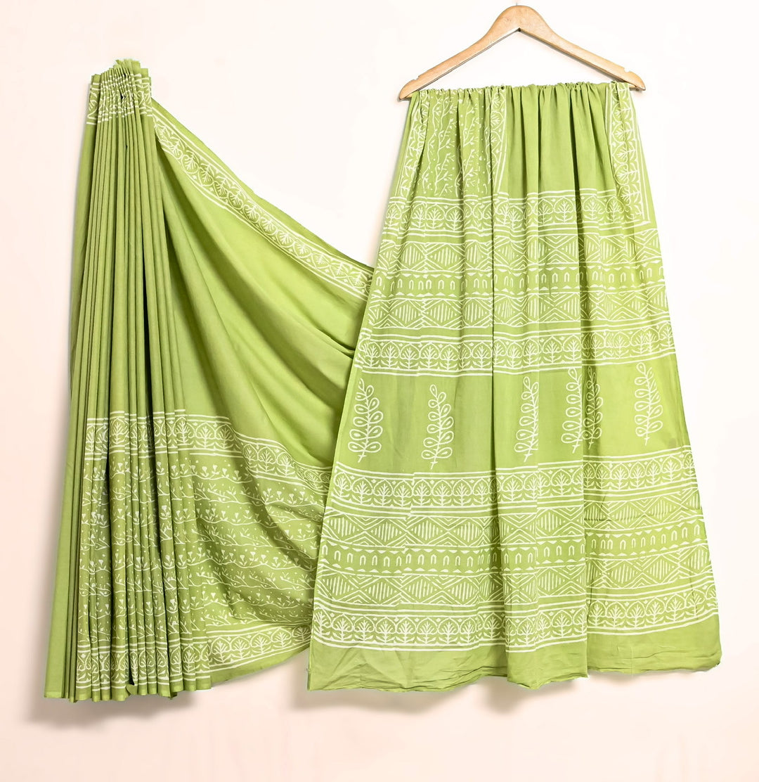 Refreshing Lime Green Handblock Saree - Minimalist Leafy Print