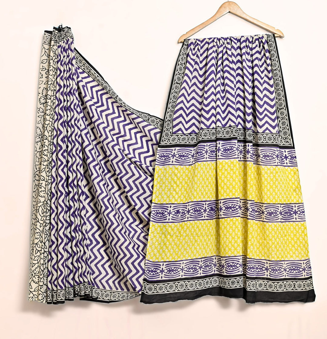 Indigo Blue & Yellow Zigzag Handblock Printed Cotton Saree