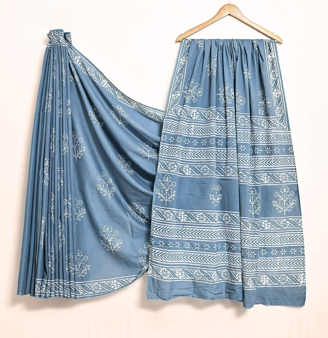 Dusty Slate Blue Floral Handblock Printed Mulmul Saree