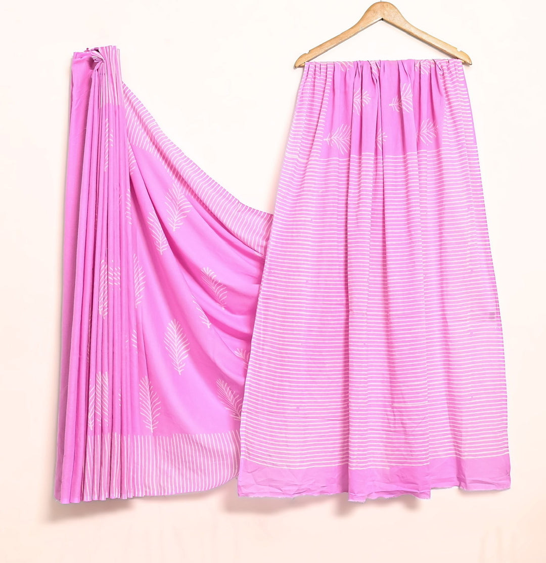 Lavender Pink Minimalist Stripe Handblock Cotton Saree