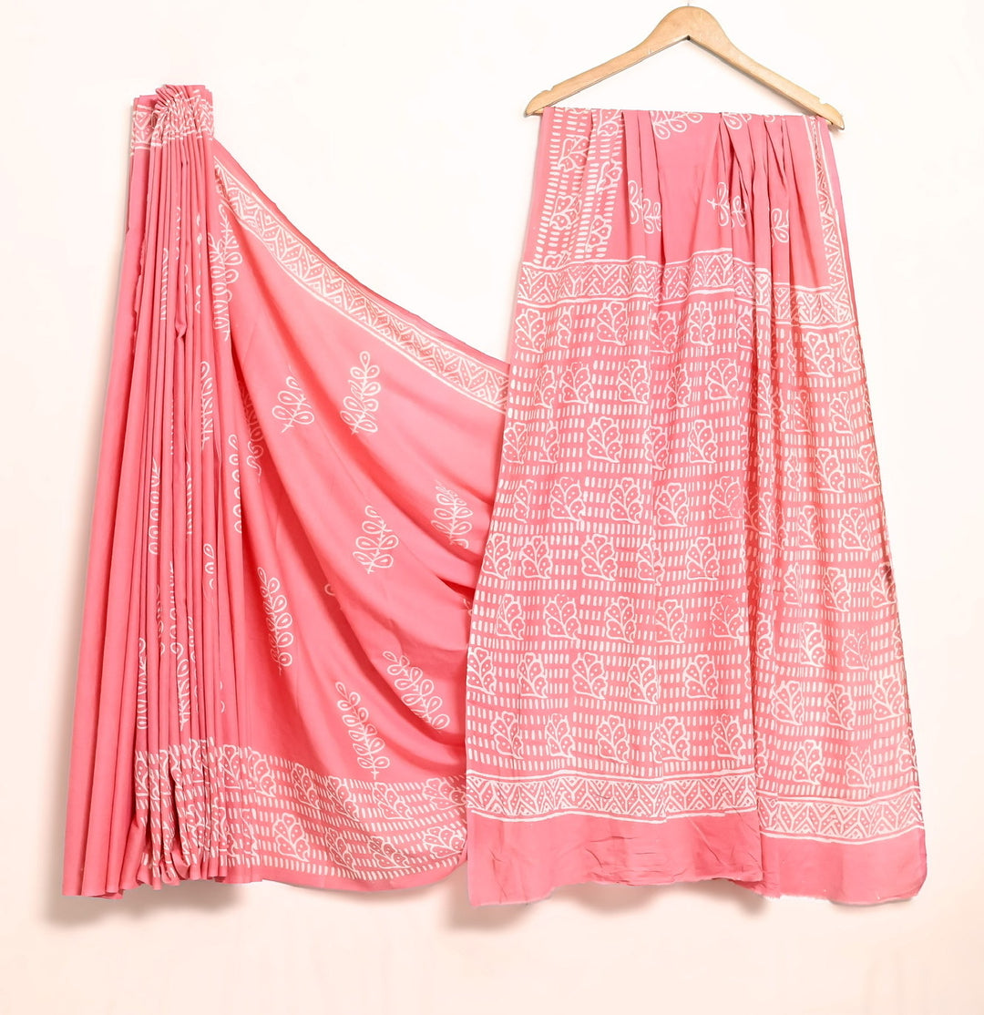 Coral Peach Leaf Print Handblock Cotton Saree with Border