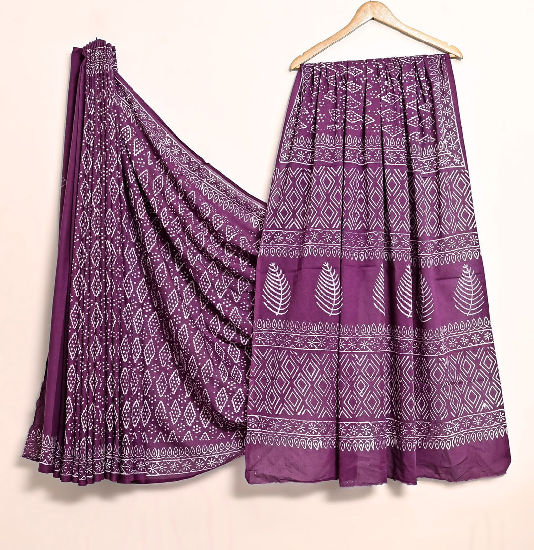 Royal Purple Geometric Handblock Printed Cotton Saree