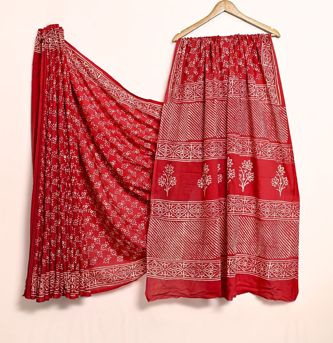 Traditional Brick Red Floral Handblock Printed Cotton Saree