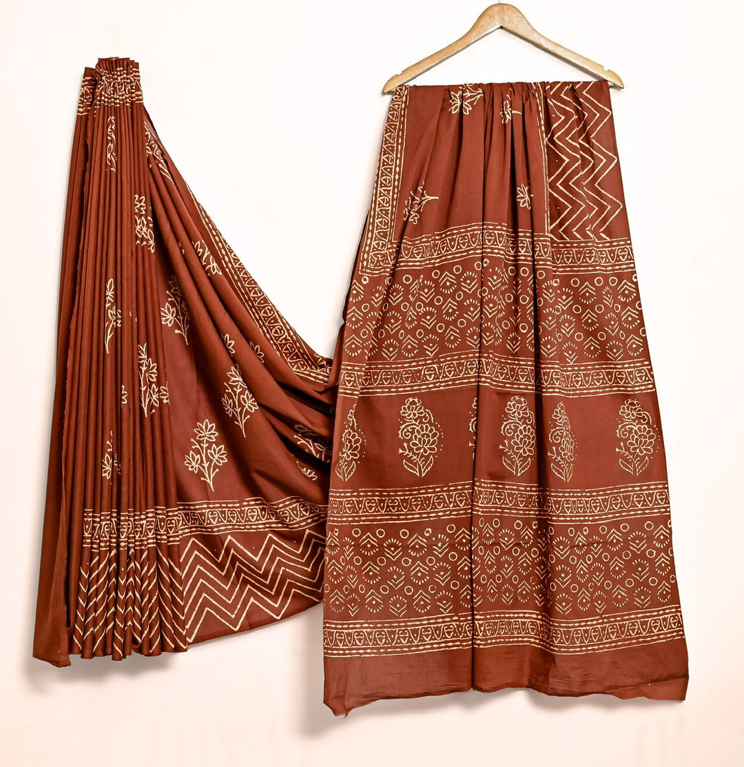 Earthy Rust Brown Handblock Printed Cotton Saree
