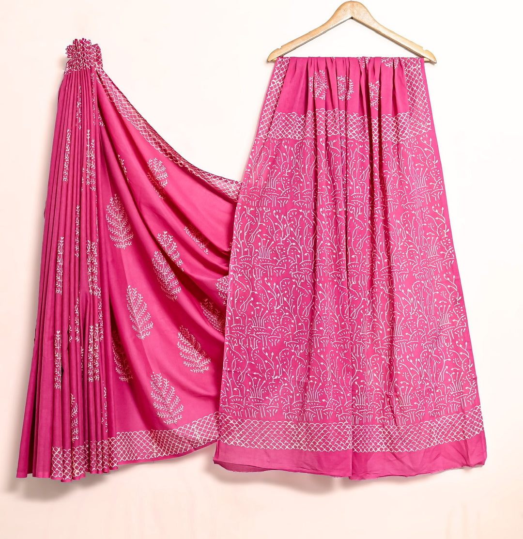 Magenta Rani Pink Vine Print Handblock Cotton Saree