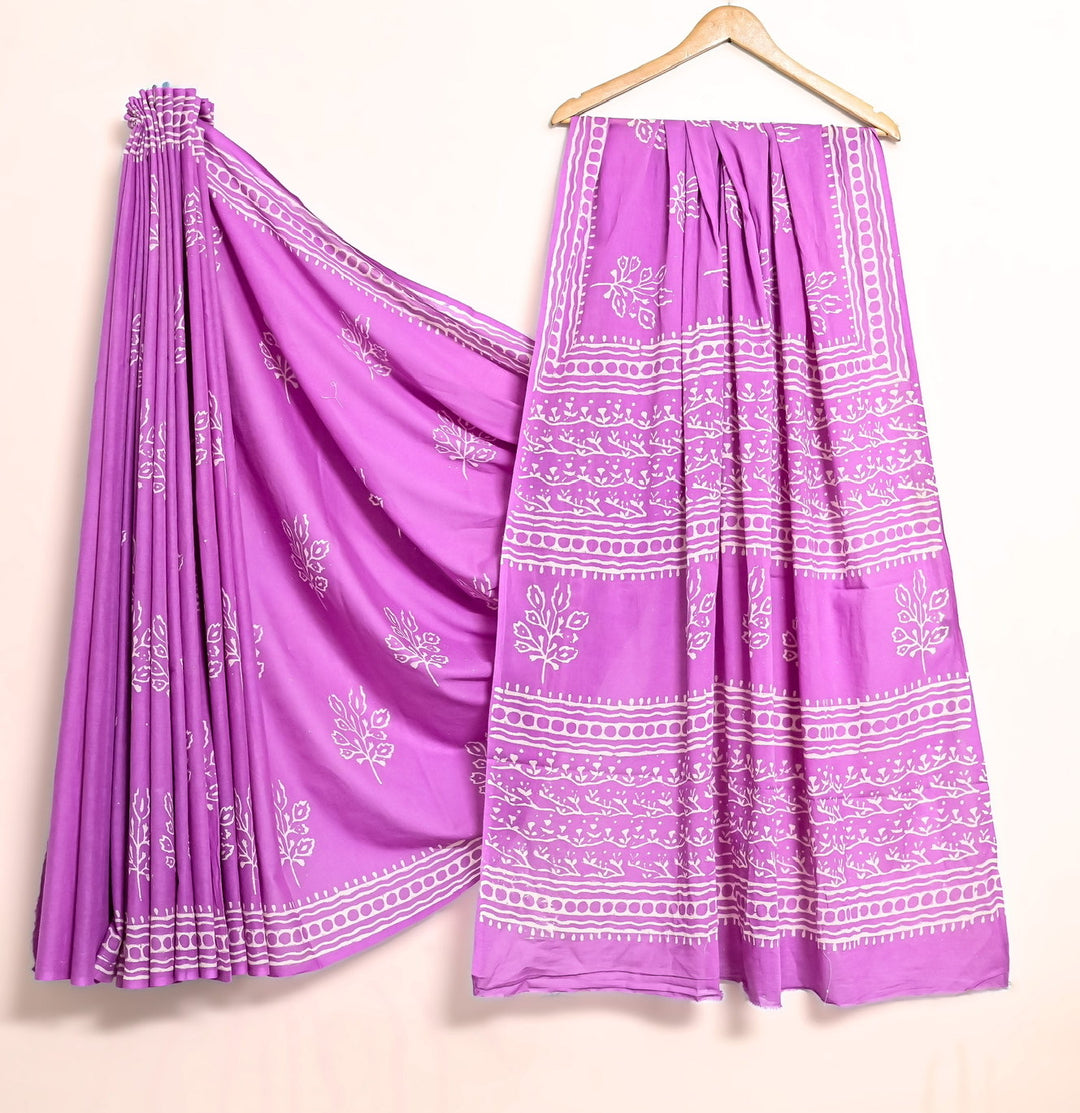 Orchid Purple Leafy Handblock Printed Summer Cotton Saree