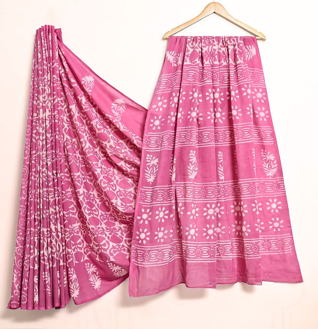 Pastel Pink Floral & Mandala Handblock Cotton Saree