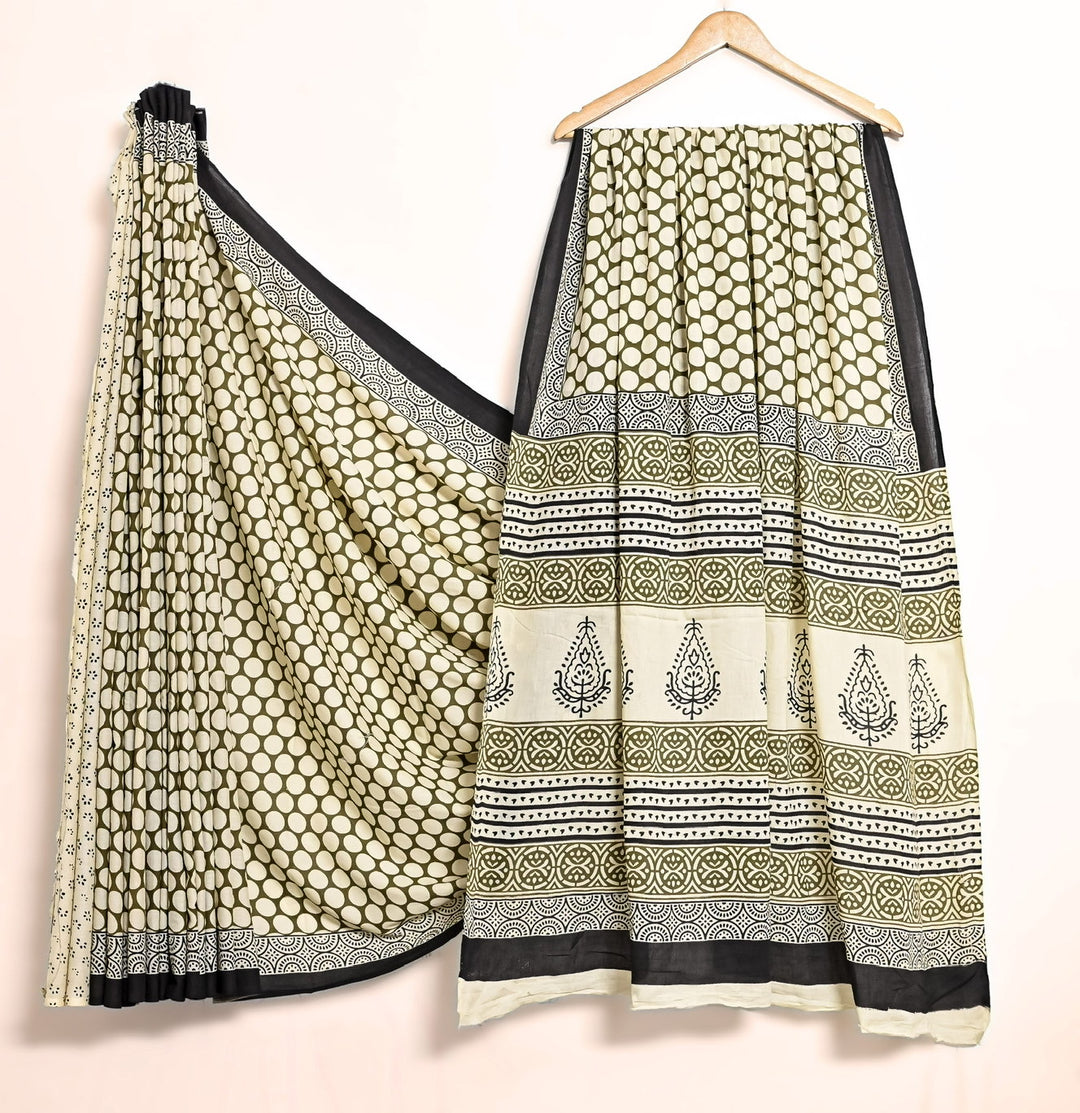 Olive Green & Cream Polka Dot Handblock Printed Saree
