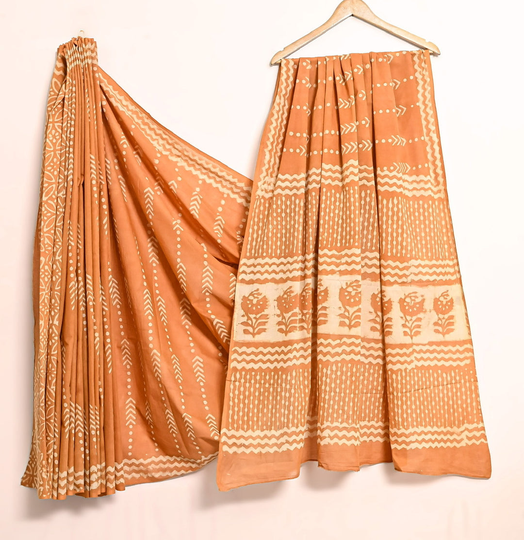 Terracotta Rust Geometric Arrow Handblock Cotton Saree