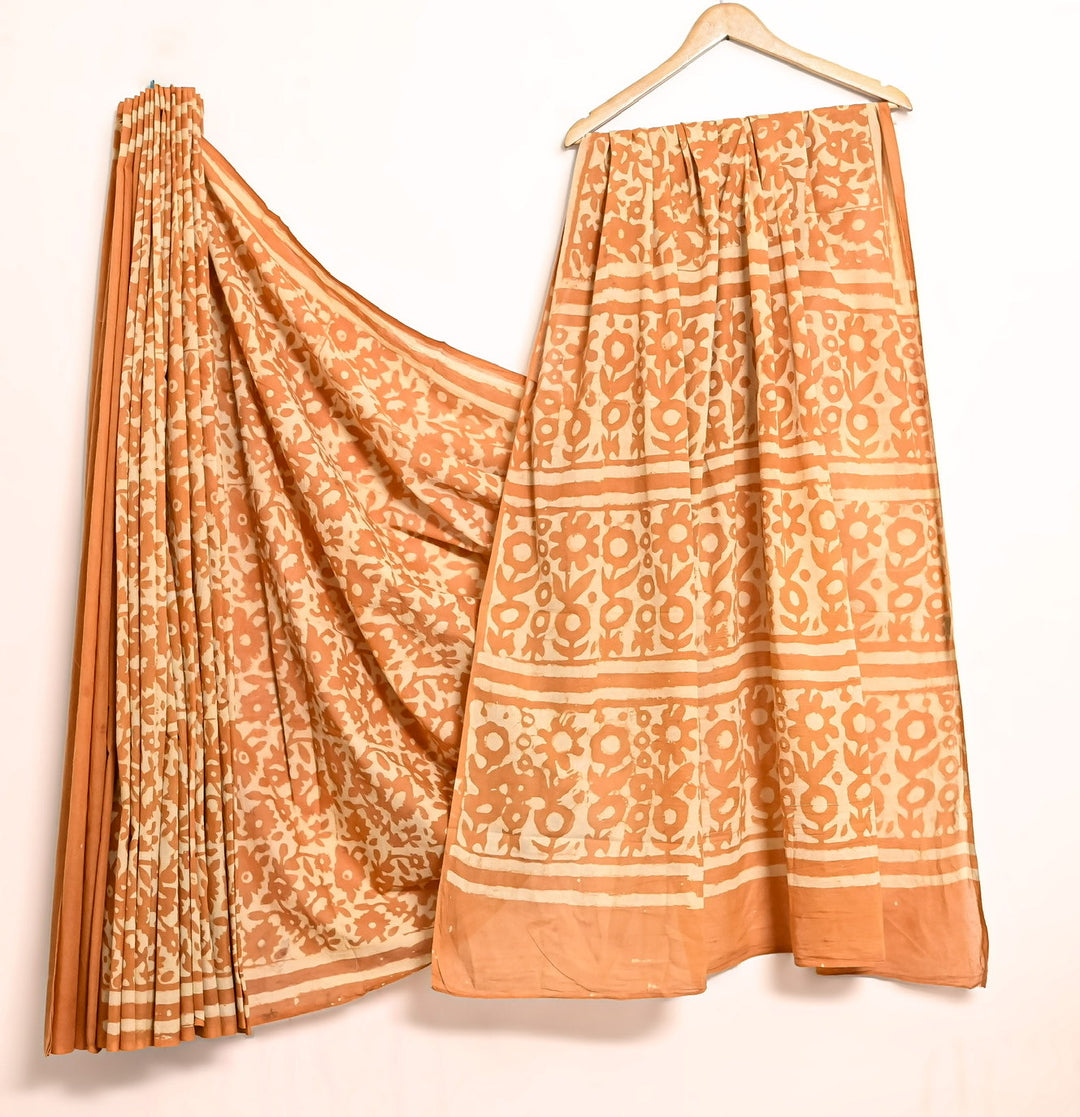 Soft Peach Floral Vine Handblock Printed Cotton Saree