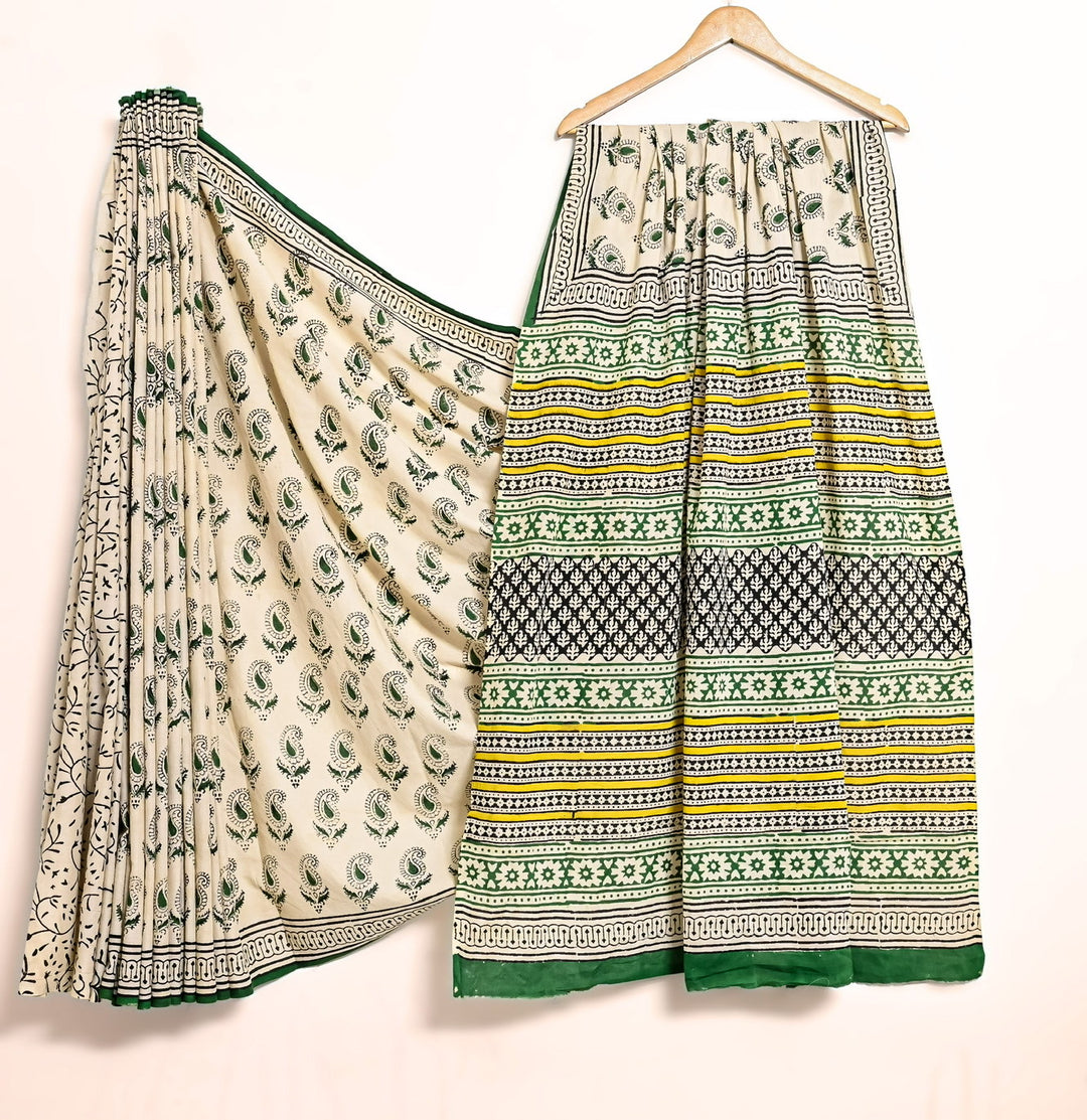 Traditional Green Paisley (Keri) Handblock Cotton Saree
