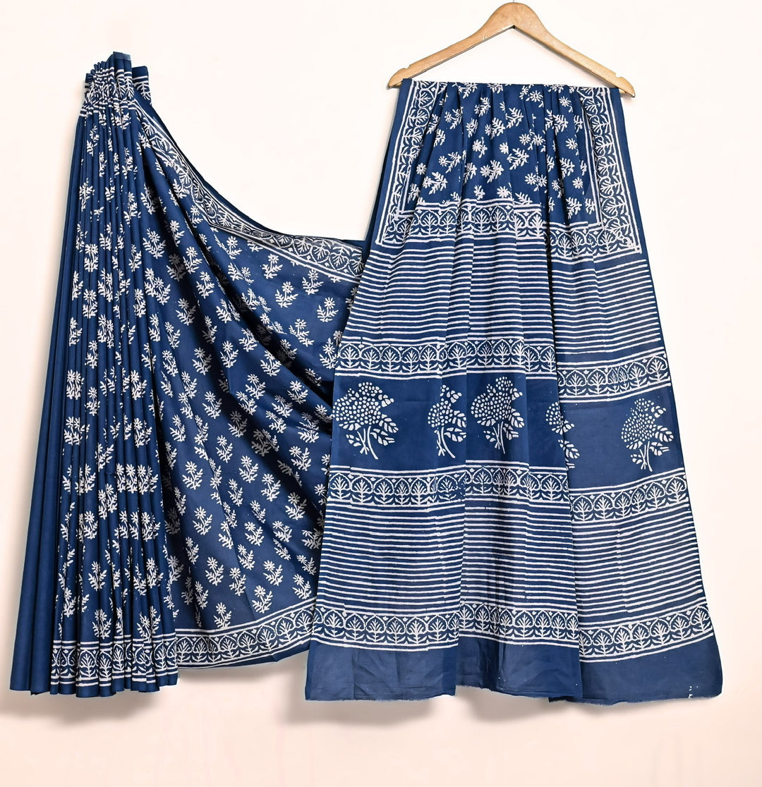Classic Indigo Navy Blue Floral Handblock Printed Saree