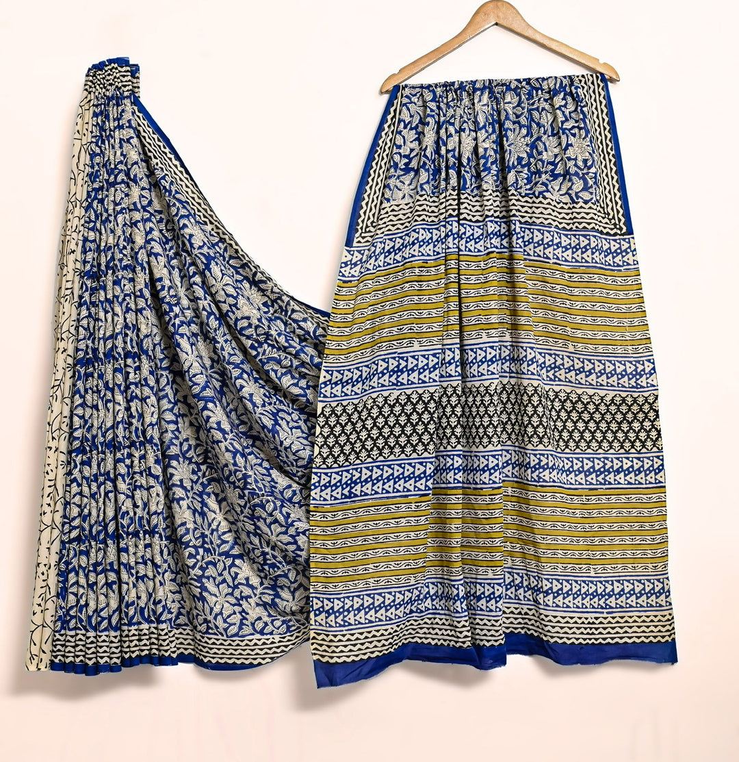 Cerulean Blue Detailed Border Handblock Cotton Saree