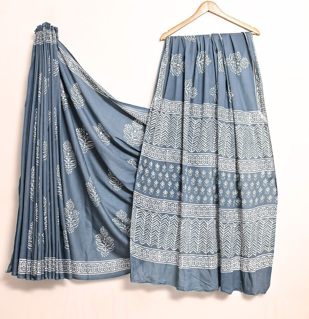 Steel Grey Minimalist Floral Handblock Printed Saree