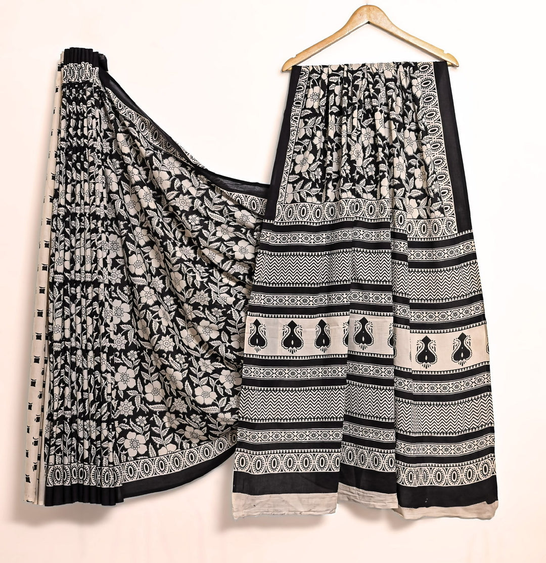 Elegant Black & Cream Floral Handblock Cotton Saree