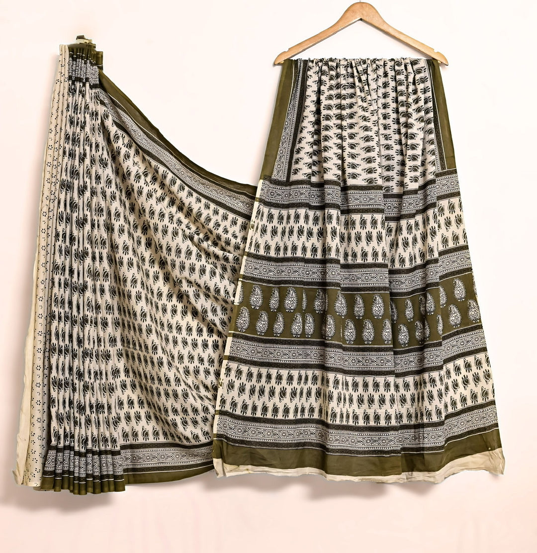 Olive Sage Small Paisley Handblock Printed Cotton Saree