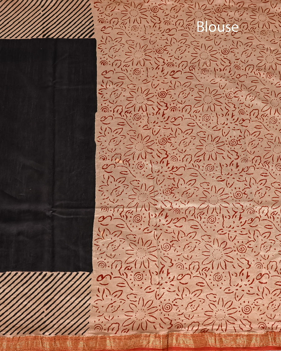 Putaai Pure Maheshwari Silk Saree Handblock Printed Saree - Red & Black
