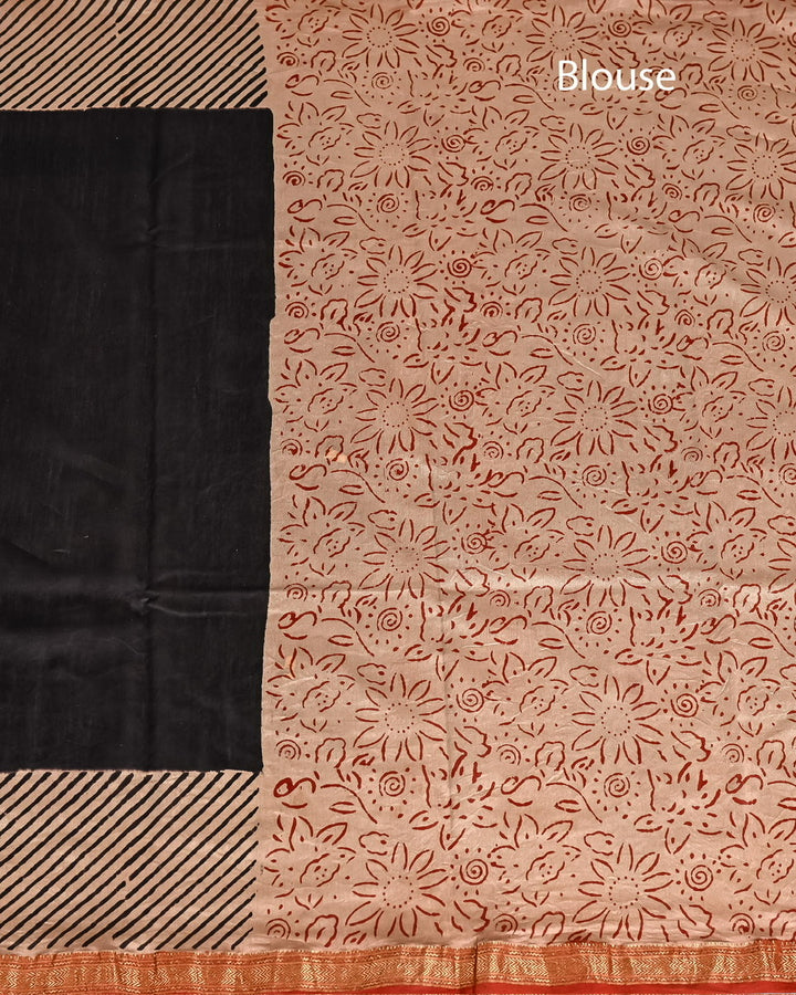 Putaai Pure Maheshwari Silk Saree Handblock Printed Saree - Red & Black