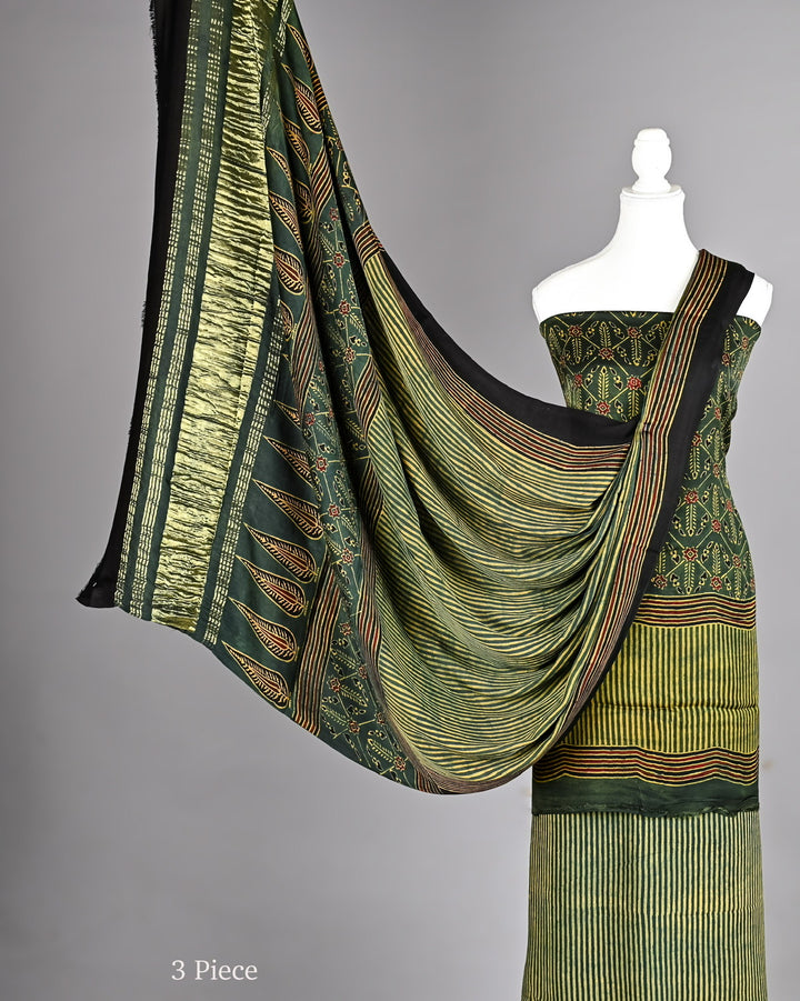 Emerald Green Pure Modal Silk Ajrakh Traditional Booti and Stripe Print Suit