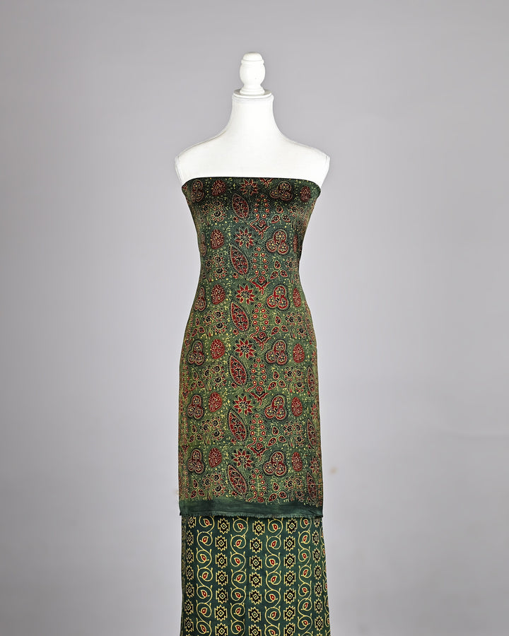 Forest Green Pure Modal Silk Ajrakh Intricate Jaal and Buta Handblock Suit