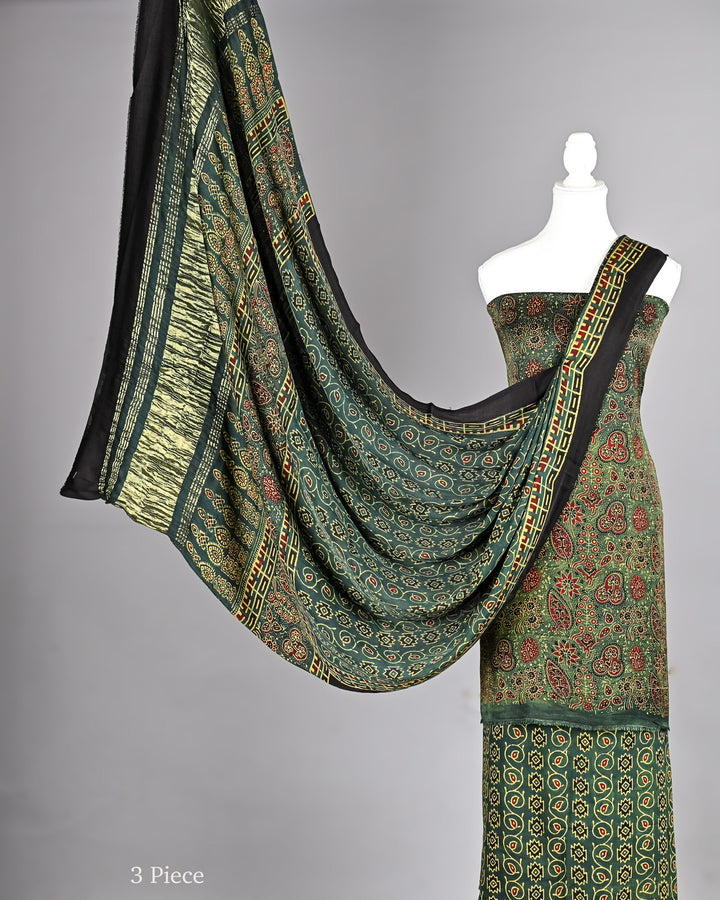 Forest Green Pure Modal Silk Ajrakh Intricate Jaal and Buta Handblock Suit