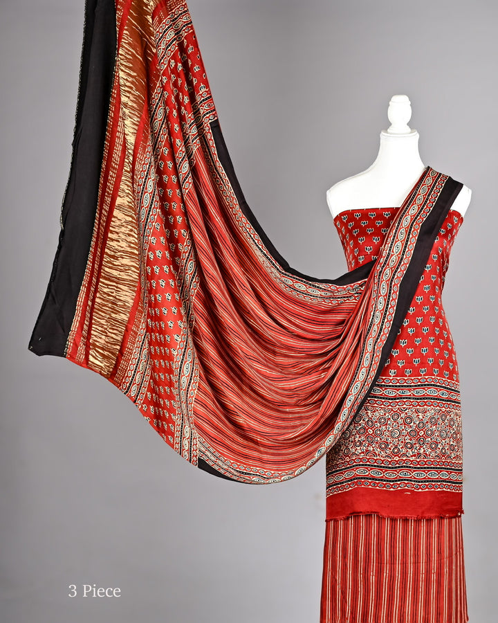 Pure Modal Silk Maroon Ajrakh Handblock Suit with Micro Floral and Geometric Borders