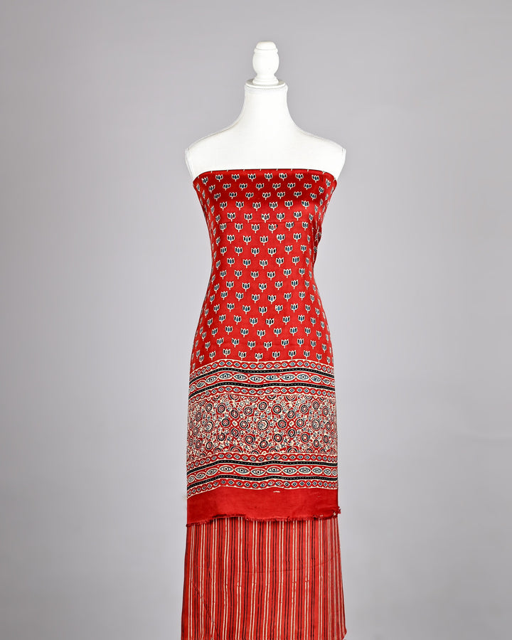 Pure Modal Silk Maroon Ajrakh Handblock Suit with Micro Floral and Geometric Borders