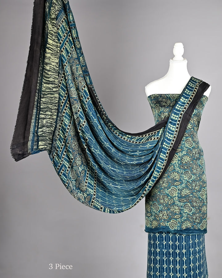 Teal Blue Pure Modal Silk Ajrakh Suit featuring Ornate Floral Jaal and Geometric Patterns