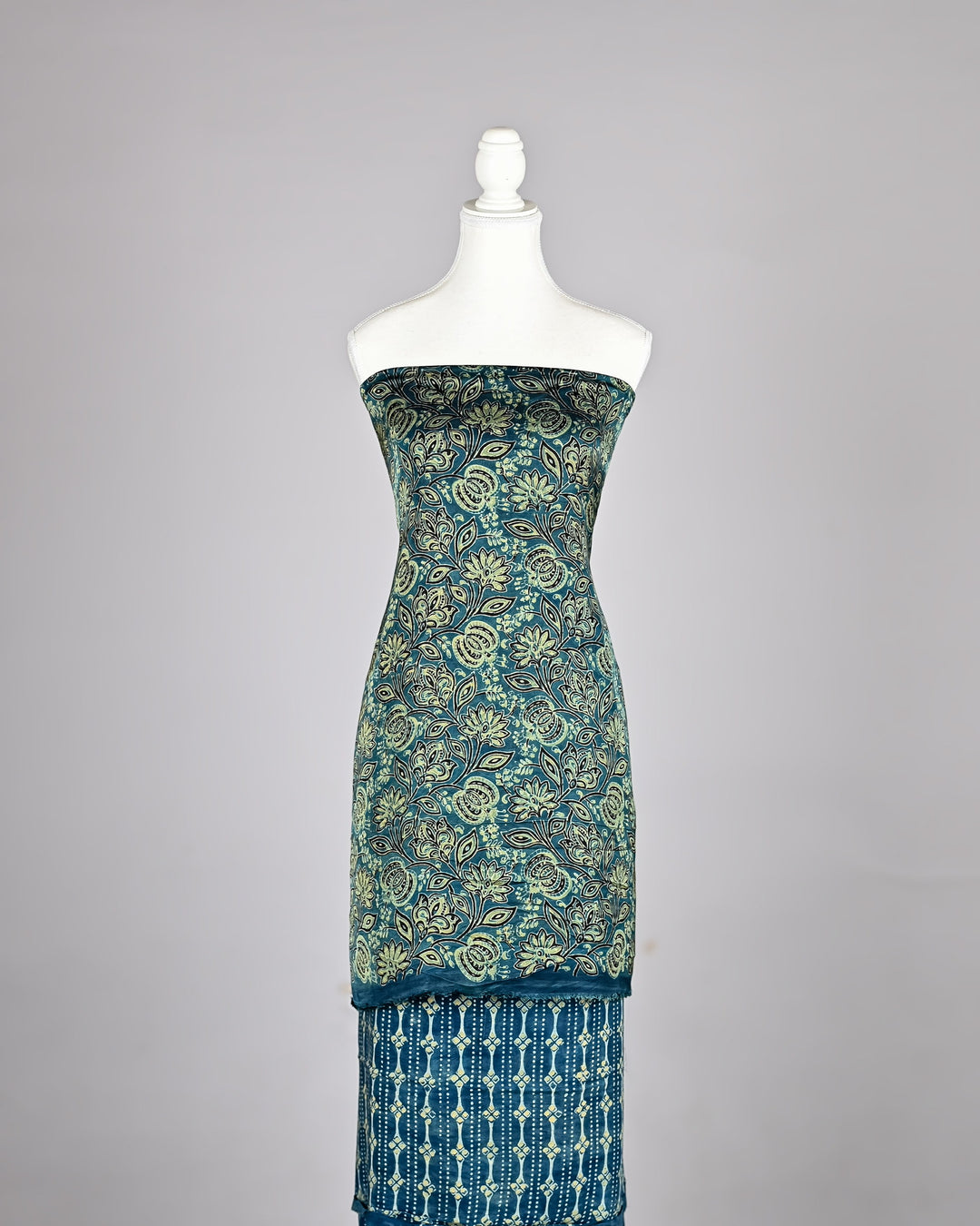 Teal Blue Pure Modal Silk Ajrakh Suit featuring Ornate Floral Jaal and Geometric Patterns