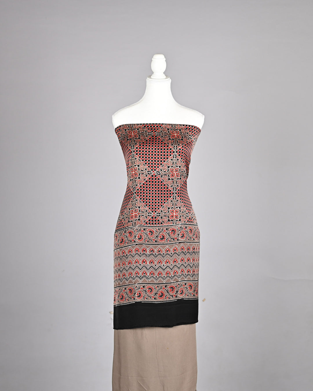 Terracotta and Black Pure Modal Silk Ajrakh Suit with Intricate Mosaic Handblock Prints