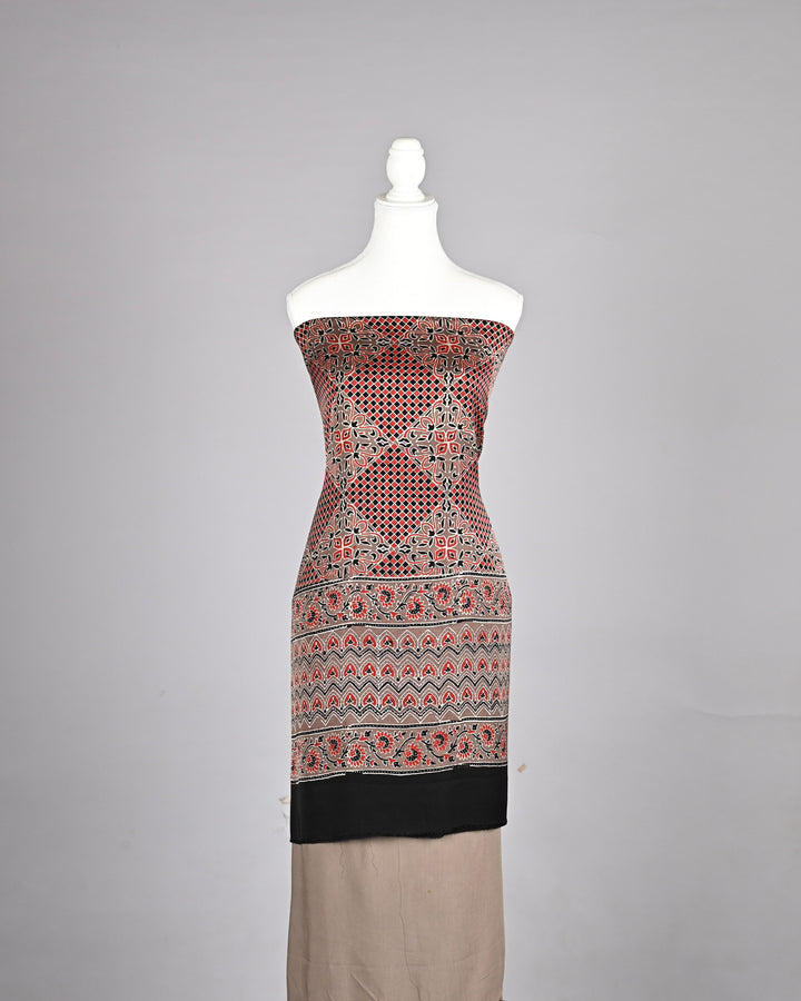 Terracotta and Black Pure Modal Silk Ajrakh Suit with Intricate Mosaic Handblock Prints