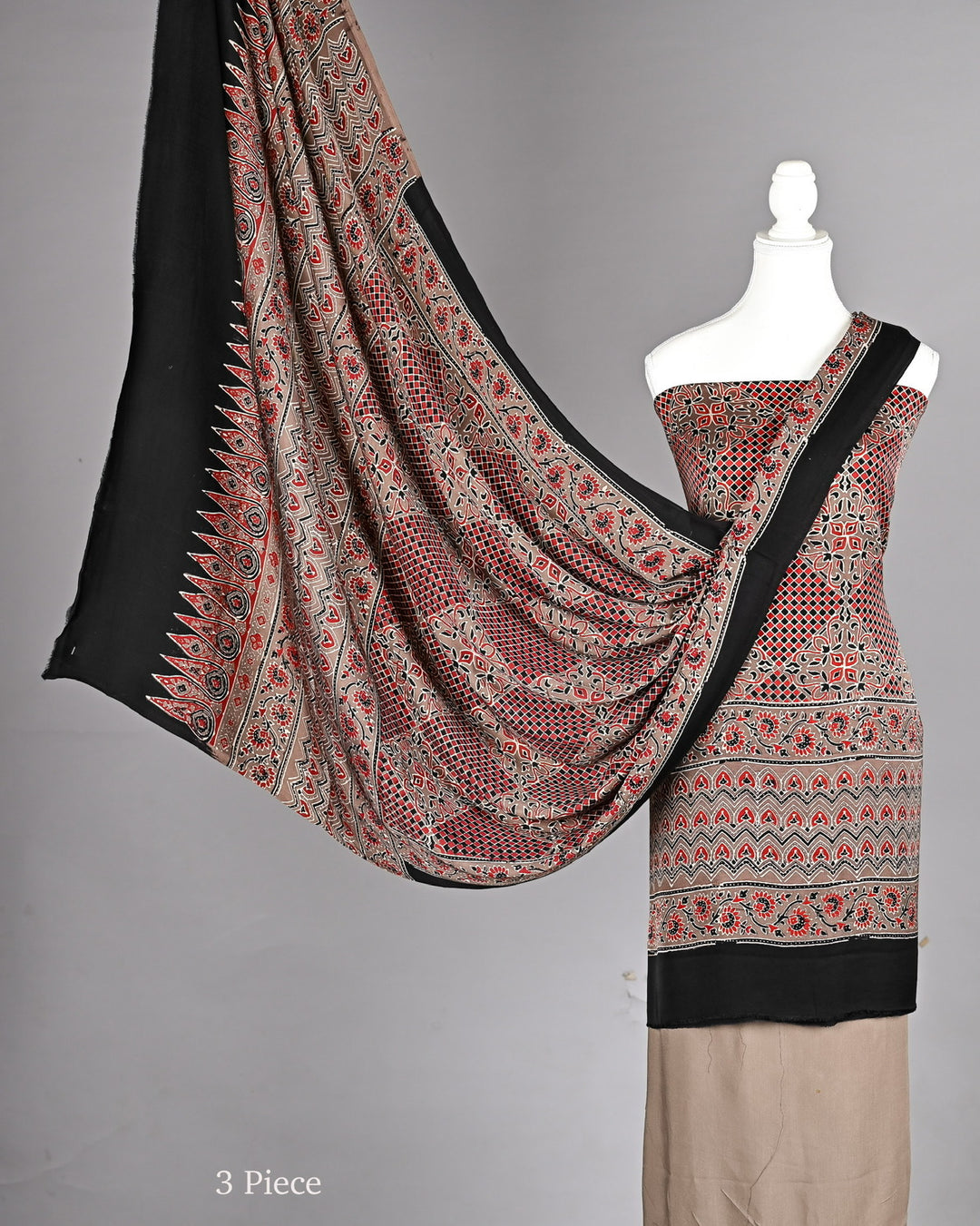 Terracotta and Black Pure Modal Silk Ajrakh Suit with Intricate Mosaic Handblock Prints
